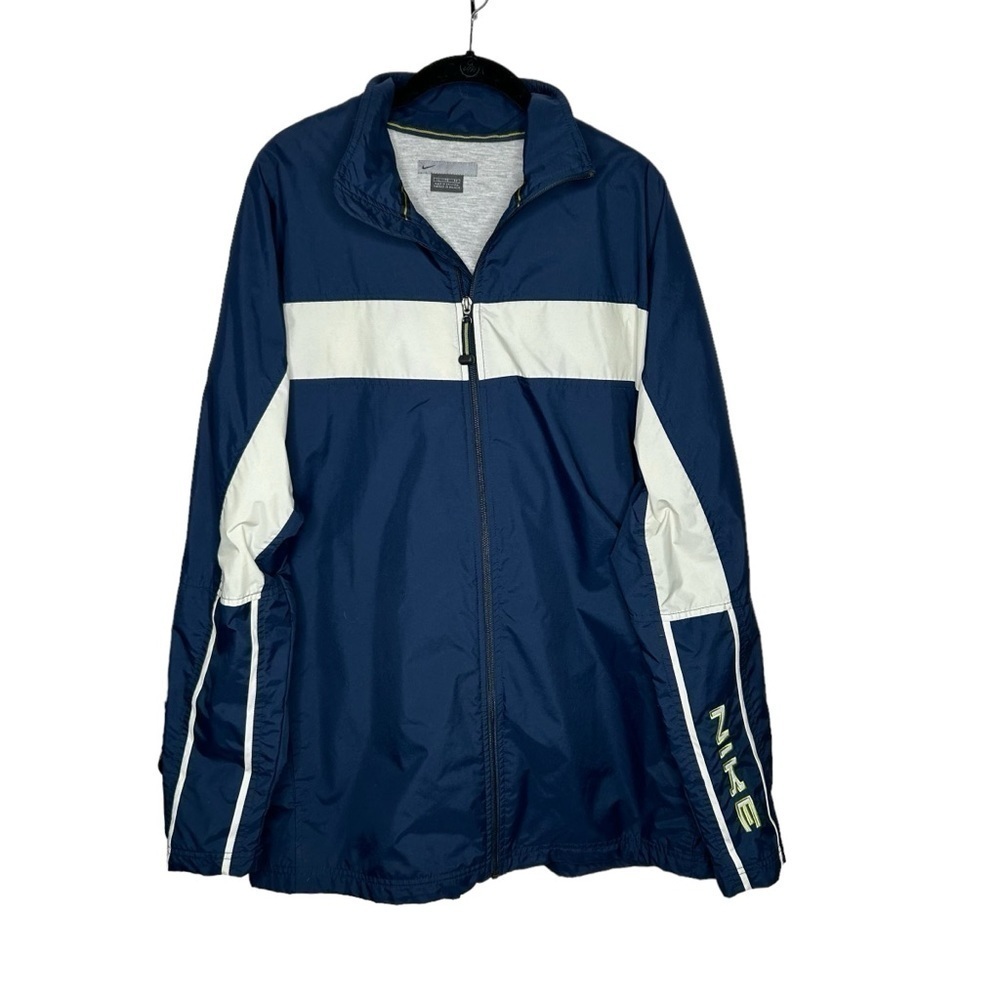Nike Men’s Windbreaker Jacket Size XL Navy Blue Spellout Arm